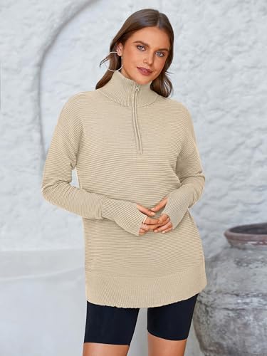 PRETTYGARDEN Womens Long Sleeve Quarter Zip Pullover Sweater Casual Loose V Neck Collared Ribbed Knit Jumper Tops Thumb Hole - Image 5