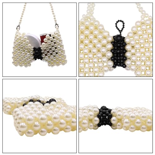 Image of Girls Mini White Pearl Purse Handbag Butterfly Satchel Shoulder Bag Beaded Clutch Evening Bag for Women