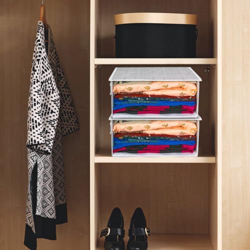 Image of PRETTY KRAFTS Stackable Fabric Saree Storage Organizer for wardrobe, Clear front window with Lid, Stackable organizers, Perfect to organize sarees in a wardrobe, Set of 6, Jute Grey