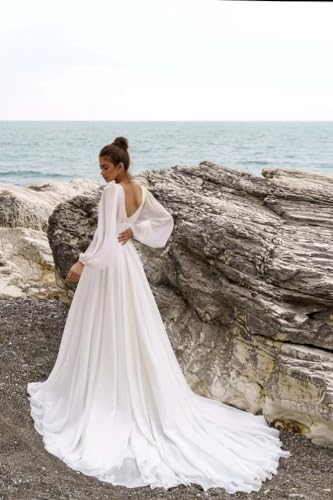 Beach Long Sleeve Wedding Dresses for Bride V Neck Empire Waist Slit A Line Chiffon Bridal Gown with Train3