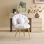 Bonnlo Armchair Accent Chair, No Wheels Teddy Fleece Dressing Table Chair with Golden Legs for Vanity, Shell-Shaped Desk Chair with Cute Small Pearl Deco Pillow for Bedroom/Living room, Pearl White