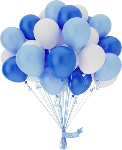 OWill Blue & White Balloons - 50pcs 10" Latex Balloons for Wedding, Birthday & Party Decorations