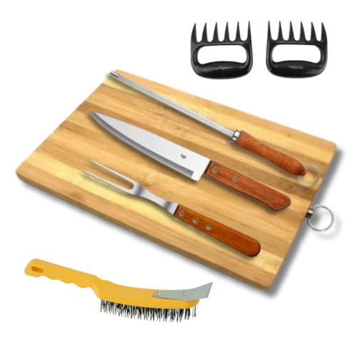 Kit Churrasco 7 Peças Garra Tabua Escova Faca Garfo E Chaira