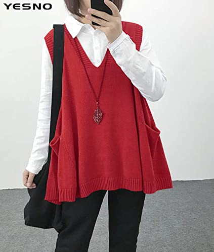 YESNO Sweater Vest Women Loose Swing Cotton Cute Oversized Knit Pullover Sleeveless Sweater Tops with Drop Pockets WM92