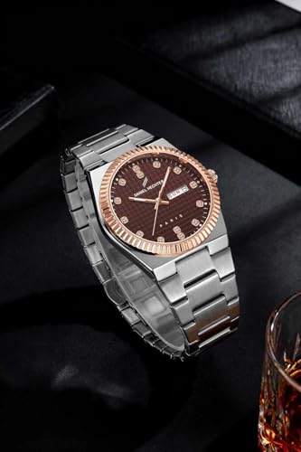 Image of Daniel Hechter Hoche Collection Classic Analog Watch for Men - Textured Dial,Crystal Indices with Fluted Bezel, Date Display and Silver Stainless Steel Strap