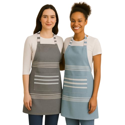 Image of Unisex Cooking Aprons | Waterproof Apron | Striped Design with 2 Front Pockets & Adjustable Neck Strap | Durable, Oil & Stain Resistant | Chef Apron for Cooking