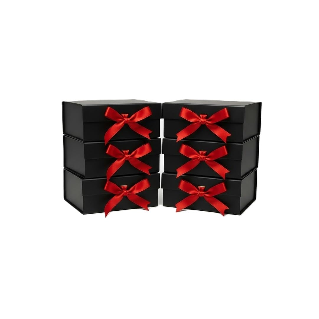 Awestuffs Premium Black Gift Boxes with Red Ribbon, Decorative Gift Packaging Boxes (23 x 16 x 10 cm) for Hampers, Return Gifts, Weddings, Birthdays & Corporate Gifts (Pack of 6)