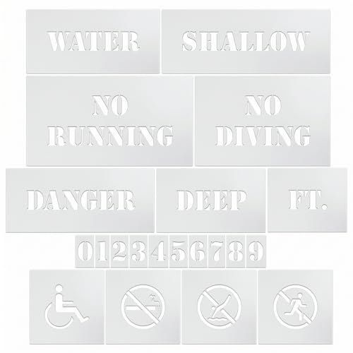 Stencil Ease Pool Safety Stencil Kit – 21 Reusable 10 mil Mylar Stencils for Concrete Pool, Spa Decks – Swimming Pool Rules, No Diving, No Running, Water Depth