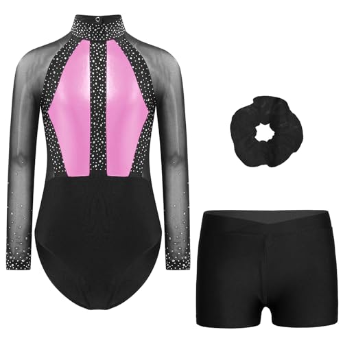 Oyolan - Oyolan Enfant Fille Justaucorps Gymnastique avec Short Ensemble Tenue Patinage Danse Spectacle Costume 5-16 Ans, Type J Rose&Noir, 9-10 ans