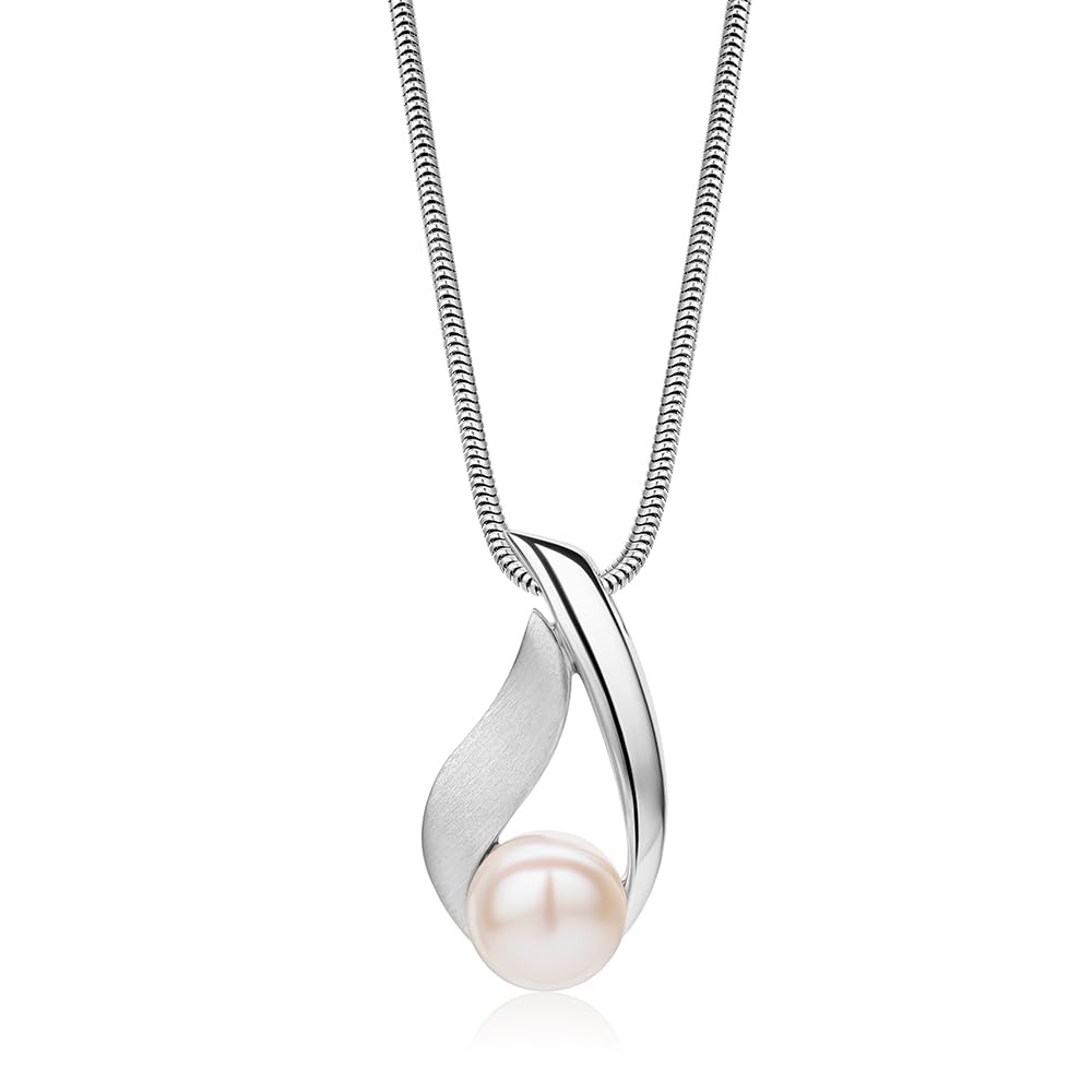 Miore Schmuck Damen, 925 Silber/Silber 18K Vergoldet, Perlenkette Damen, Silberkette mit Perlen Anhänger, Schlangenkette Silber 925 mit Weiße Süßwasserperle, Perlenschmuck in hochwertiger Schmuckbox