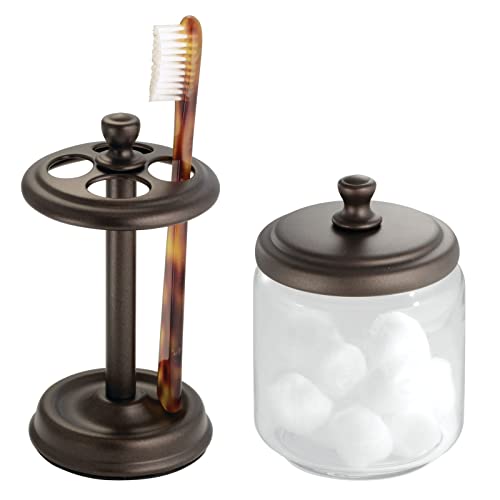 mDesign Bathroom Vanity Storage Organizer Canister Jar and Toothbrush Holder for Cotton Swabs, Cotton Rounds, Cotton Balls, Makeup Sponges, Bath Salts and Toothbrushes - Set of 2 - Bronze