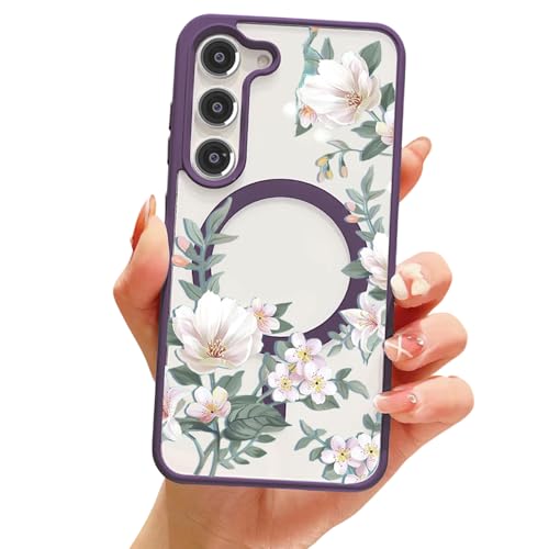 Image of VONZEE Compatible with Samsung Galaxy S25 FE 5G Case Luxury Retro Flowers Floral Clear for Magnetic Wireless Charging Case Shockproof PC+TPU Cute Glossy Shiny Cover for Girls Women, Deep Purple