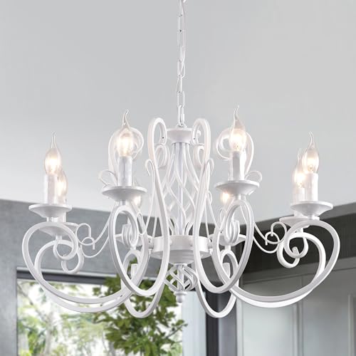 Image of Ganeed French Country Chandelier Candle Style Iron White 8 Lights