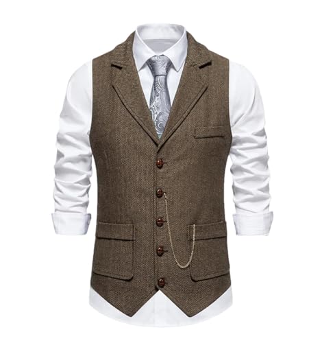 Men's Herringbone Tweed Suit Vest Lapel Chain Pockets Suit Vest Business Casual Formal Dress Waistcoat