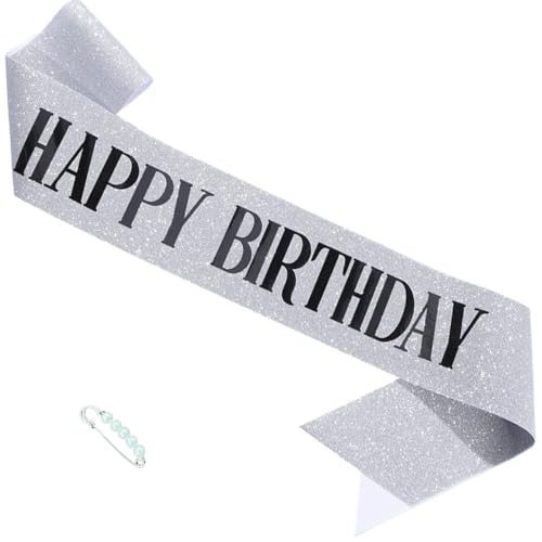 "Happy Birthday Glitter Sash with Pearl Pin for Women Girls Party Supply Favors (2 Silver Black)