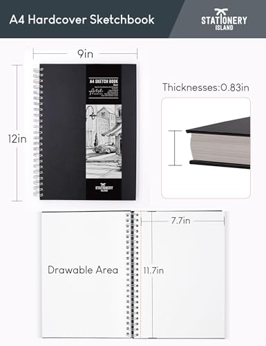 STATIONERY ISLAND A4 Skizzenbuch, 200 g/m² Dickes Papier, Spiralgebundener Zeichenbuch Hardcover, Skizzenblock zum Skizzieren, Illustration, Porträt, 50 Blatt/100 Seiten