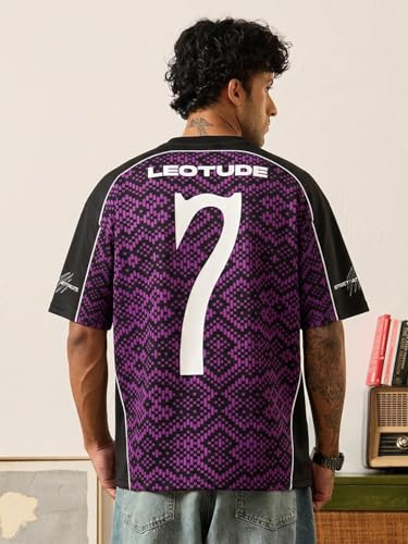 Image of LEOTUDE Oversized Sports T-Shirt for Men | Streetwear Printed Half Sleeve Round Neck Jersey Style Tee | Casual Gym & Athleisure Wear (Color:Purple)