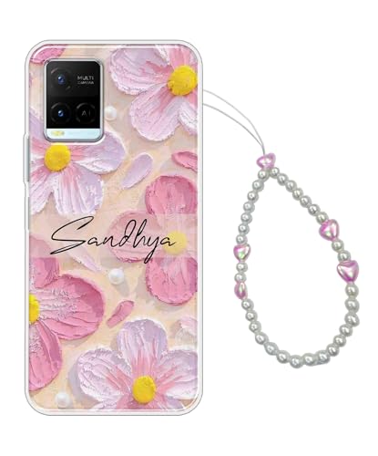 Image of COBERTA Name Customized Back Cover for Vivo Y21 2021 Back Cover Personalized Case with Phone Charm Chain Strap Beads & Pearls for Girls Stylish - Pink Floral Flower Heart - CUSTD16689