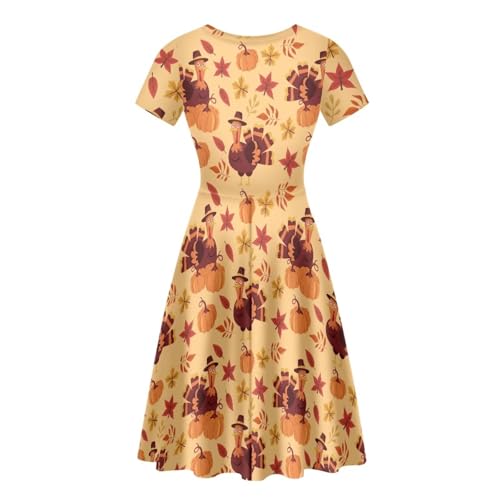 Image of Forchrinse Thanksgiving Turkey Dress for Women Fall Round Neck Midi Dresses Plus Size Short Sleeve Party Swing Sundress,S-4XL