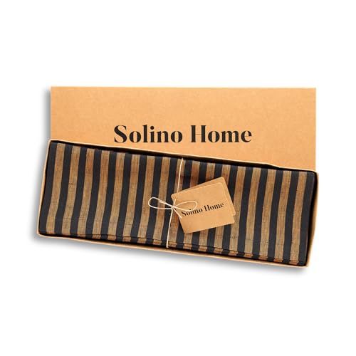 Image of Solino Home 100% Pure Linen Placemats, 14 x 19 in, Pumpkin Stripe, Set of 4 | Amalfi Stripe, define each seat for daily meals and dining, European flax fibres, machine washable, soft, OEKO-TEX Certified