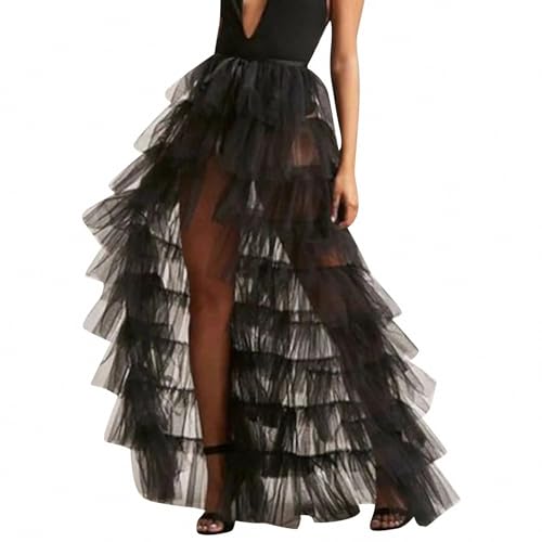Women Solid Color Mesh Lace-Up Irregular Floor-Length Layered Skirt Pleated High Waist Tulle Tutu Cake Skirt Bikini Cover-Up