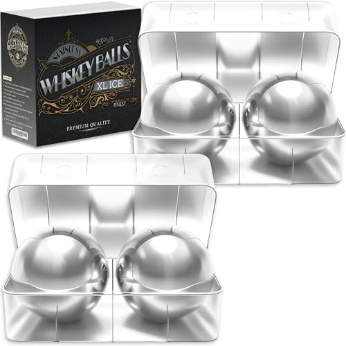 4 Premium XXL 55mm Stainless Steel Ice Whiskey Balls with Freezer Tray| Whiskey Rocks, Chilling Stones, Whiskey Stone Ice Cube Balls, Round Chilling Spheres (Not Solid Steel)