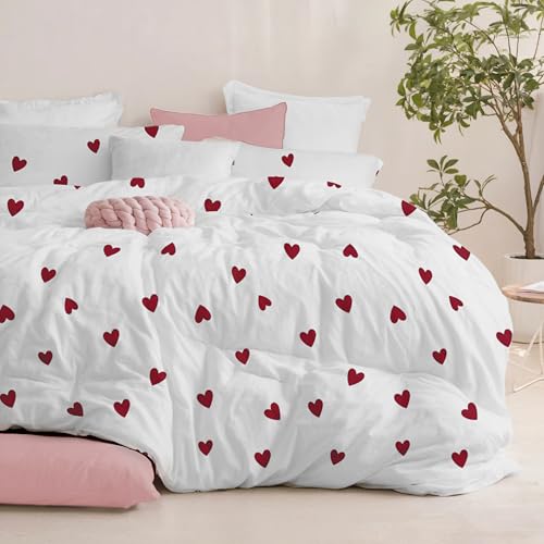 Dreamzie Bettwäsche Set 200x200 cm mit 2 Kissenbezügen 80x80 cm – Rotes Herzmuster – Bettwäsche für Erwachsene aus 100% Mikrofaser –...