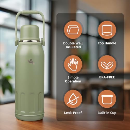 Image of Konokyo 50oz Thermos for Cold Drinks, Insulated Water Bottle, Army Green