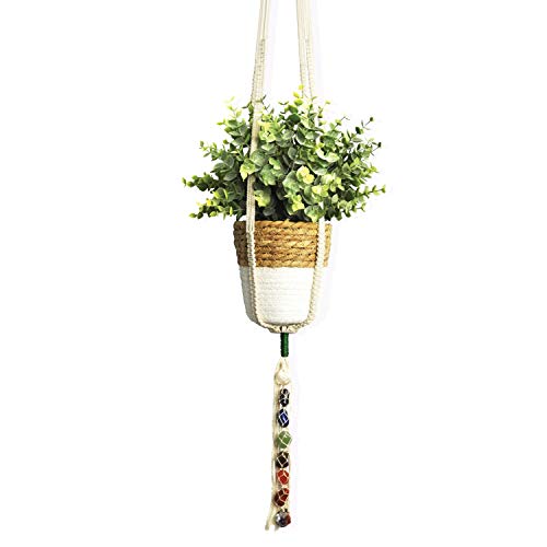 Generic Macrame Plant Hanger, 7 Chakras Crystals and Healing Stones, Indoor Wall Hanging Planter Basket, Boho Decorative Flower Pot Holder, Ivory XL 43 Inches