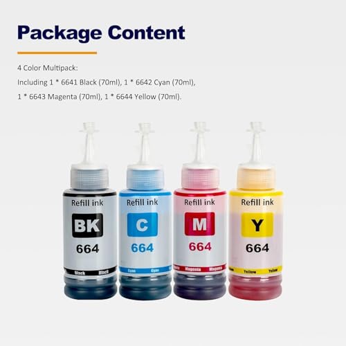 Image of ASV T664 Refill Ink Bottle Compatible for Printers L1300, L310, L361, L380, L405, L565, L365, L485, L220, L360, L130 (664-4 Color Combo) (70ml Each)