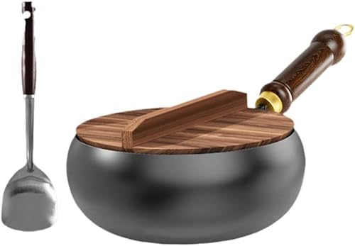 Hinniuy 手作り 鉄鍋 対応 焦げ付き防止 無塗装 軽量 小型 中華鍋 炒め物 煮物 スープ用 蓋付き 木柄 錆びない 高温炒め専用 家庭用 キャンプ プロ仕様 一人暮らし対応 (ポット+木製蓋+シャベル)