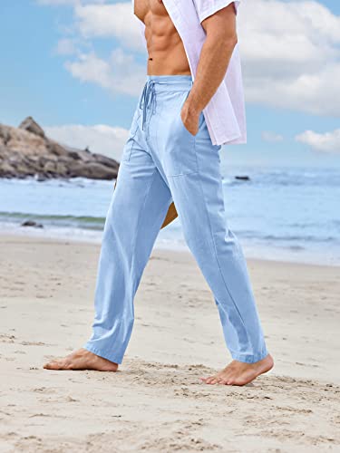Mens Casual Linen Pants Loose Fit Elastic Drawstring Waist Summer Straight-Legs Yoga Beach Long Pants3