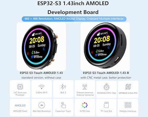 Image of ESP32-S3 1.43inch AMOLED Display Development Board, 466x466 Resolution 16.7M Color QSPI Interface, ESP32 with Capacitive Touch AMOLED Round LCD, Support 2.4 GHz Wi-Fi and BLE 5, with CNC Metal Case