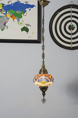 Mozaist Hardwired Turkish Lamp, Moroccan Mosaic Ceiling Lighting, Dim Hanging Night Light, Handmade Boho Pendant Fixture For Office, Restaurants, Farmhouse With Ceiling Rose And Connector (Rainbow) #TOP5