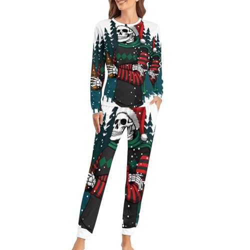 Pyjama femme crâne de Noël avec t-shirt manches longues et pantalon de nuit confortable