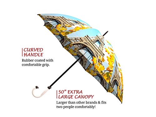 Paris Umbrella Eiffel Tower In Autumn - Golf Umbrella Windproof - Stick Designer Umbrella For Women - Beautiful Rain Umbrella With Hook Handle - Quality Fashion Umbrella Travel Themed Gift #TOP2