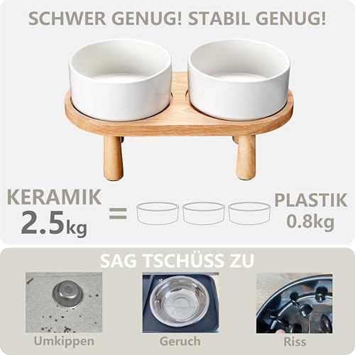 MOPANG Hundenapf Erhöht für Mittelgroße und Kleine Hund, 15 cm Hundenapf Keramik mit Holzständer, 850 ml*2, ElfenbeinWeiß