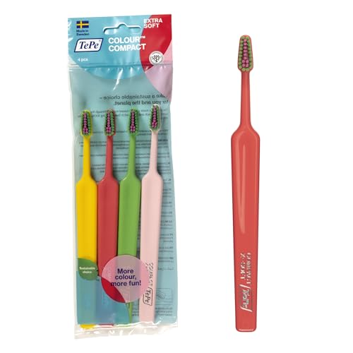 Spazzolino TePe Colour Compact Extra Soft, Confezione mista, 4pz, spazzolino con testina piccola per bambini più grandi e adulti, setole extra soft per una pulizia delicata