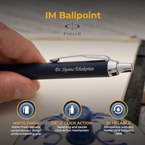 Image of Parker IM Engraved Ballpoint Pen, Matte Blue with Chrome Trim, Blue Ink, Personalized Gift for Graduation, Career Advancement, Birthdays, New Job, Parker Gift Box Included