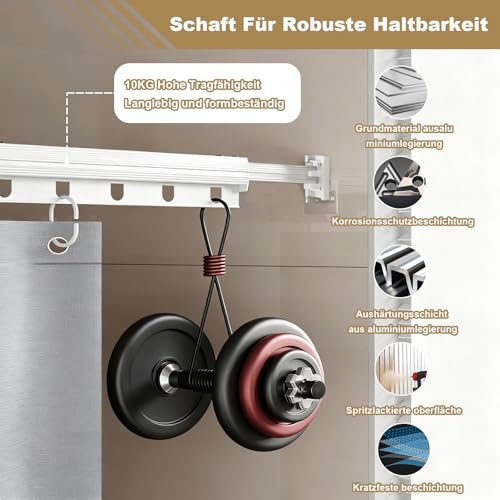 Faltbare Duschvorhangstange Ohne Bohren, 4-fach Faltbar & Drehbar, Aluminiumlegierung, mit 180 x 200 cm Wasserdichtem Antischimmel Duschvorhang, Für Badezimmer Badewanne (Weiß/Grau)