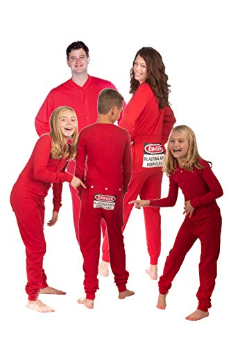 Big Feet Pajama Co. Red Union Suit Men & Women Onesie Pajamas With Funny Butt Flap Danger Blasting Area #TOP5