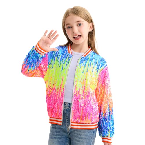 Image of LOLANTA Girls Sequin Jacket, Long Sleeve Kids Bomber Coats with Pockets, Spring Fall Outfits for 4-15 Years