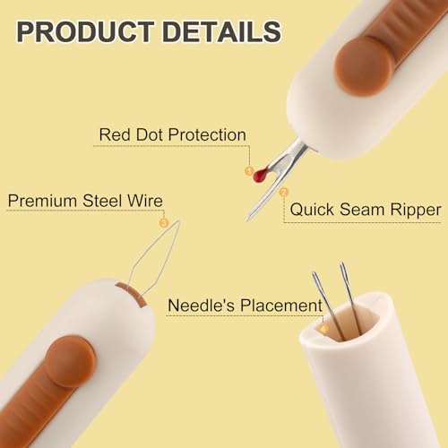 Automatic Needle Threaders Seam Ripper, Upgraded 3 in 1 Sewing Needle Threader Tool, Stretchable Quick Seam Rippers with Needle Storage for Hand Quilling, Embroidery Stitch Removal(Yellow) - Thumbnail 3