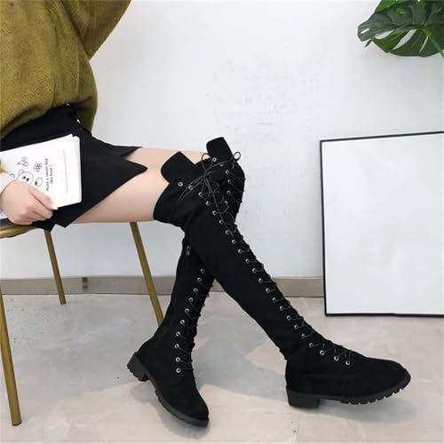 Women's Over The Knee Low Heel Lace Up Tall Boots Winter Suede Combat Riding Thigh High Boots Motorcycle Long Boots3
