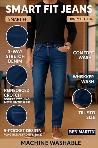 Image of Ben Martin Men's Smart Fit Stretchable Jeans || Mid-Rise Denim Pants with Whisker Wash || Premium Casual Wear Jean for Men || 5 Pocket Jean's for Men's (2)