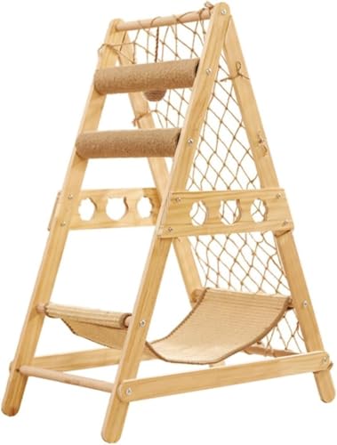 EZweekend 高さ85cm木製キャットタワー-三角デザイン猫and爪を研ぐハンモック天然木製キャットツリー子猫用 (ネットよじ登り猫用ラック)