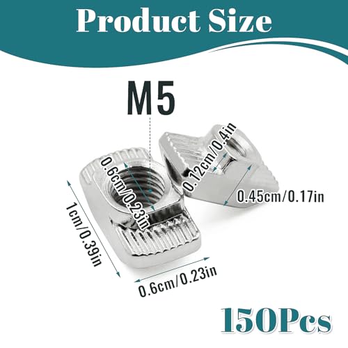 150 Stück Nutensteine M5, T-Slot Nutmuttern Kohlenstoffstahl Nutsteine Hammerkopfmutter T Nuts Muttern Hammermutter M5 Nut 6 für Aluminiumprofil Extrusionsschlitz
