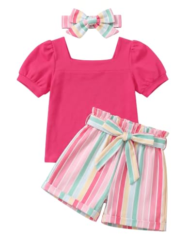 Image of Arshiner Toddler Girls 3 Piece Outfit Set Puff Sleeve Square Neck Top with Shorts and Matching Headband Summer Clothes 2T-8Y
