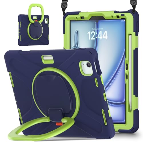 HUAUQAN Funda para iPad Air de 11 pulgadas lanzada en 2024, funda resistente de TPU a prueba de golpes, soporte de agarre multifunción giratorio de 360 grados + correa para el hombro cubierta