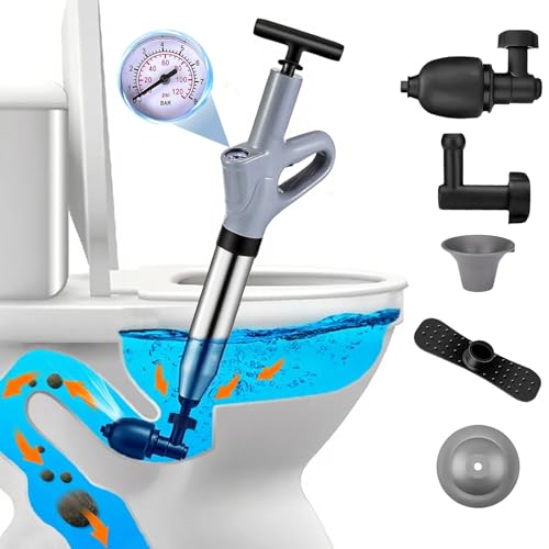 Rohrreiniger, Abflussreinigungspumpe mit Luftkompression und Luftdruckanzeige, Druckluft-Rohrreiniger mit 4 Saugnäpfen für Waschbecken, Toiletten, Bäder, Duschen und Küchen (grau)